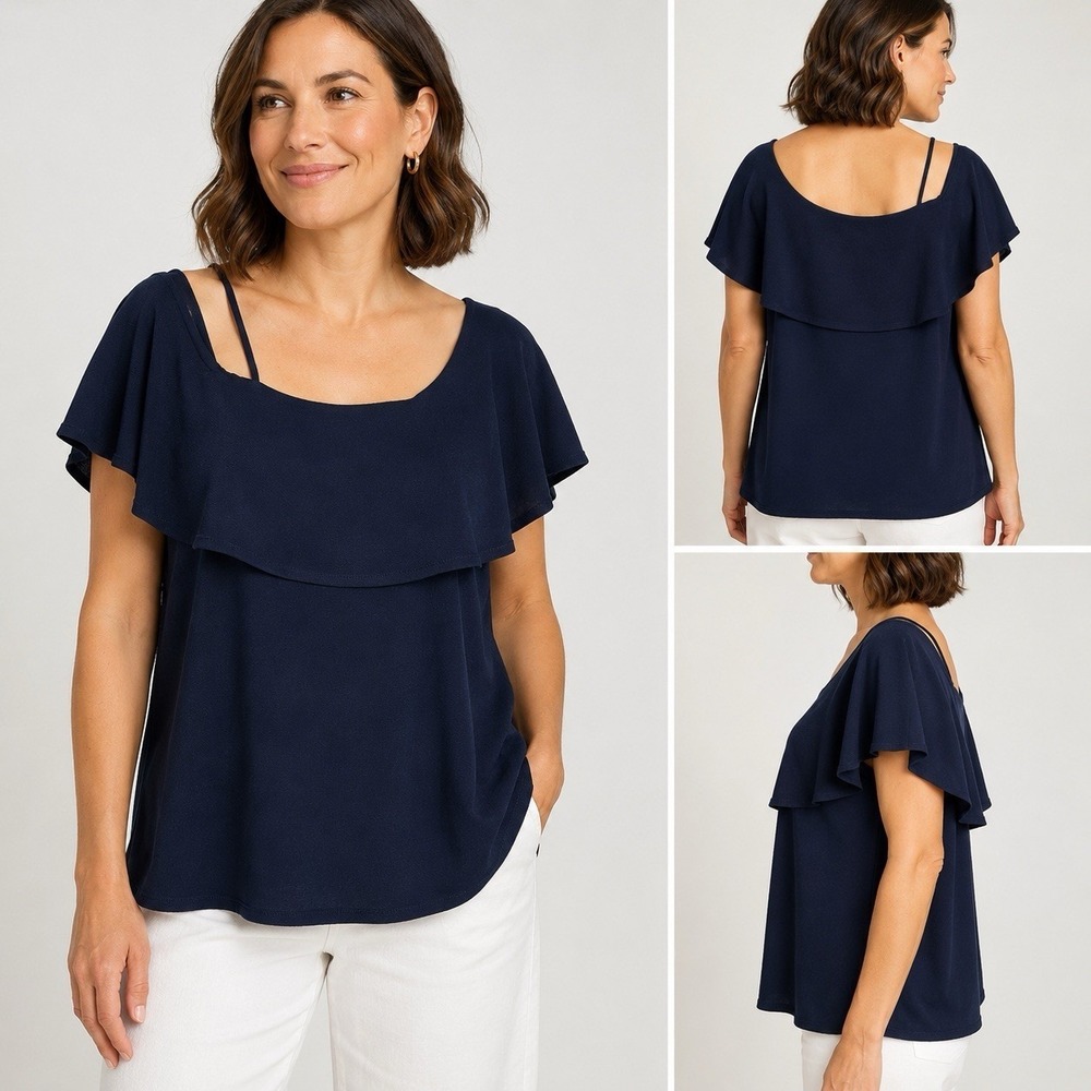 Banana Republic XL Navy Flutter Overlay Blouse Short Sleeve Stretch Top - Picture 1 of 10